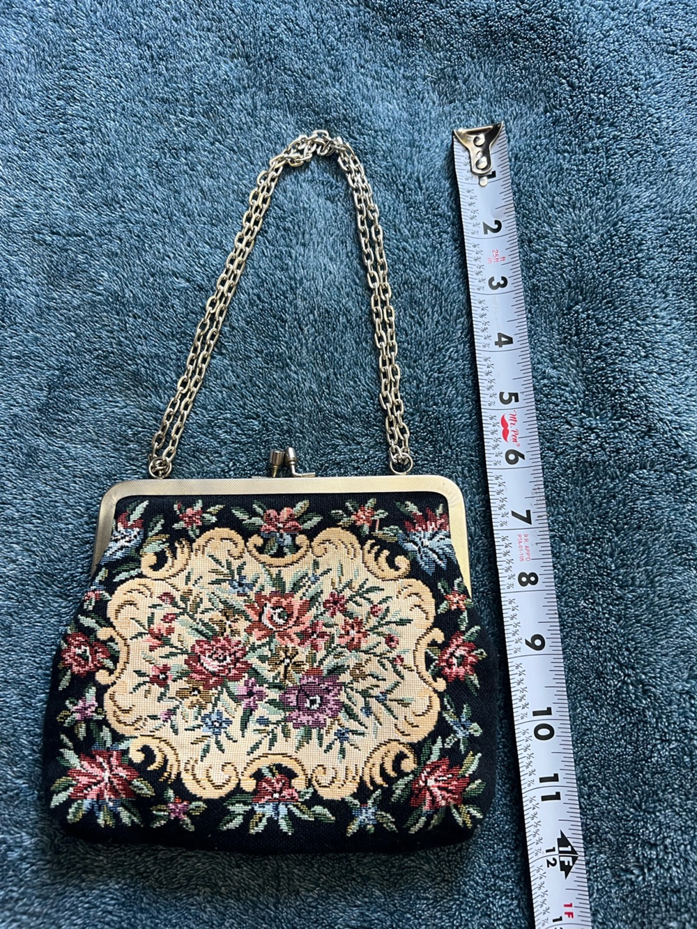 Walborg Black Floral Tapestry Kiss-Lock Clutch with Gold Chain